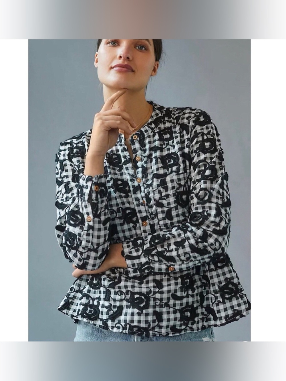 Anthropologie Pilcro Embroidered Gingham Peplum Blouse M Black White Cotton Top - Picture 7 of 8